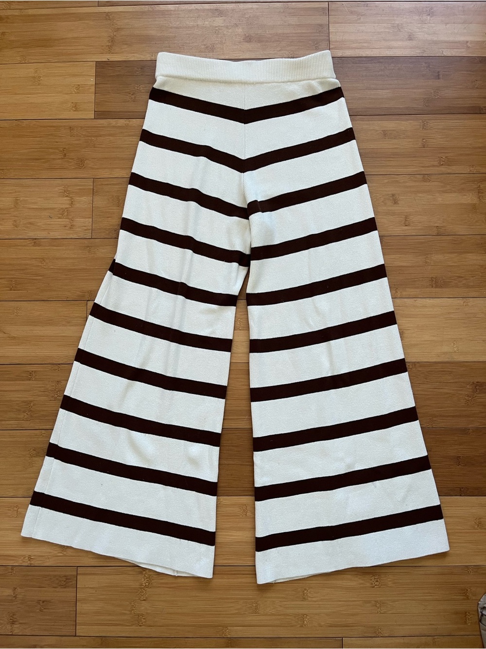 Wide Leg Striped Knit Pants - Cream & Brown